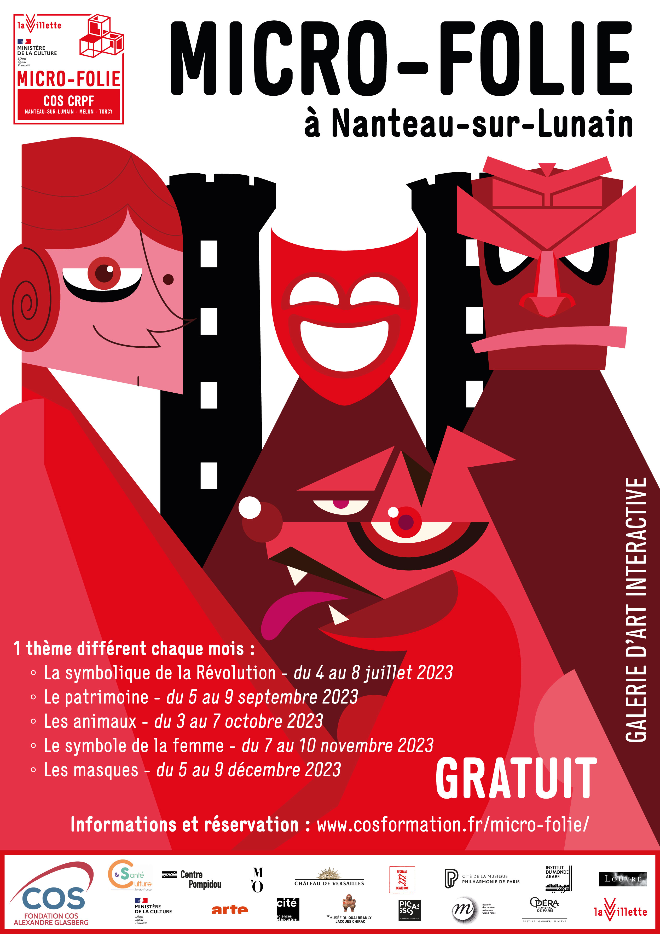 affiche de couleur rouge composée d'illustrations représentant de manière artistique deux masques, une femme, un atiment et un chien