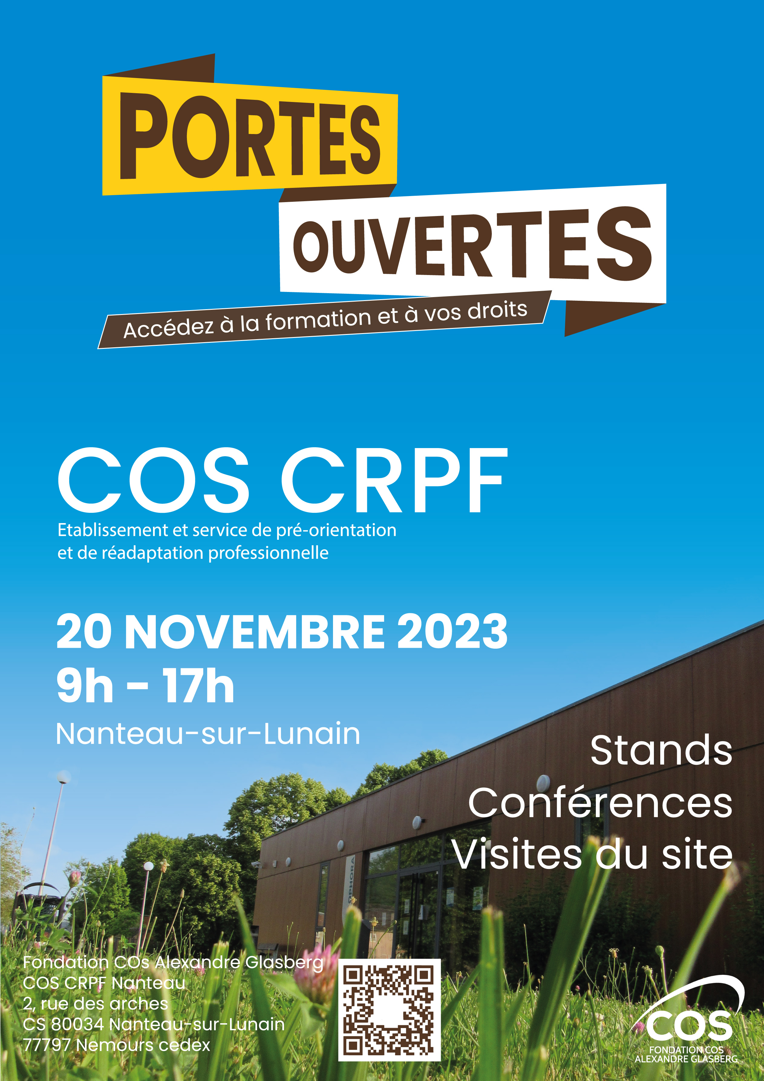 Affiche portes représentant un batiment avec des informations sur les dates et lieu de l'événement