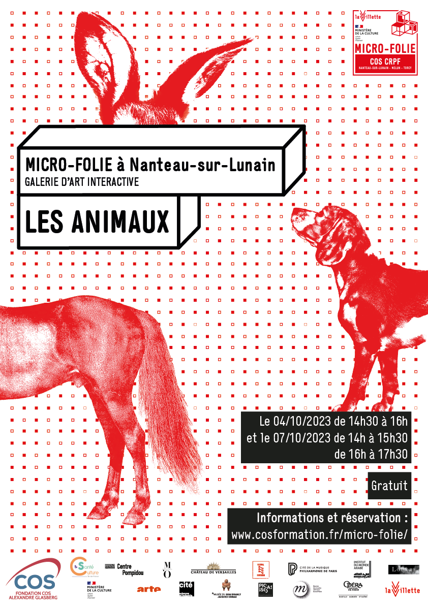 affiche rouge présentant des bout d'animaux, chien, cheval et oiseau