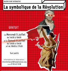 affiche rouge présentant des oeuvres avec des dates et des informations